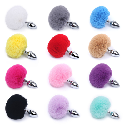 Beragam Warna Metal Mainan Seks Plug Anal Dengan Bunny Tail