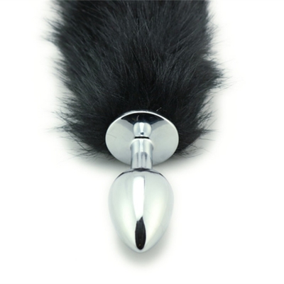 Jatuhkan Black Fox Tail Metal Anal Plug Smooth Fur Fox Tail Sex Toy untuk Wanita