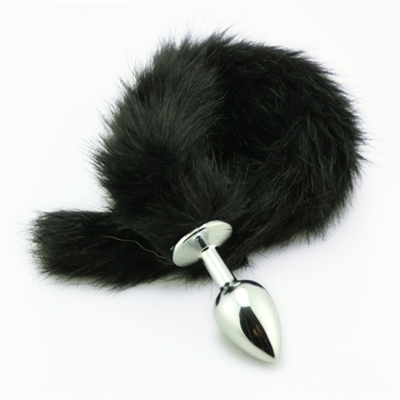 Jatuhkan Black Fox Tail Metal Anal Plug Smooth Fur Fox Tail Sex Toy untuk Wanita