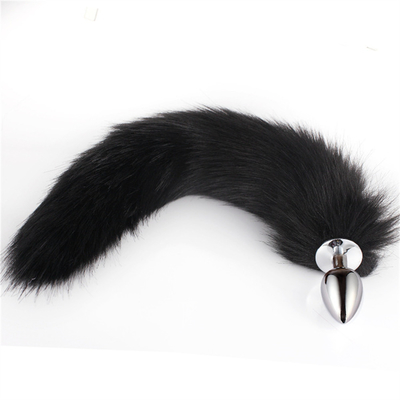 Jatuhkan Black Fox Tail Metal Anal Plug Smooth Fur Fox Tail Sex Toy untuk Wanita