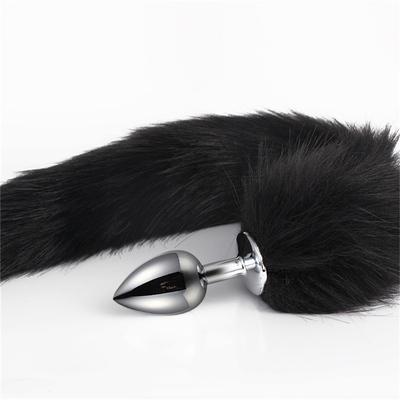 Jatuhkan Black Fox Tail Metal Anal Plug Smooth Fur Fox Tail Sex Toy untuk Wanita