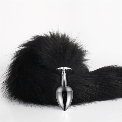 Jatuhkan Black Fox Tail Metal Anal Plug Smooth Fur Fox Tail Sex Toy untuk Wanita