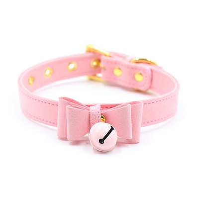 Mainan Seks Dewasa Pink Dog Bell Bowknot Golden Hole Soft Leather Pin Buckle Neck Sleeve Black Neck Sleeve Collar
